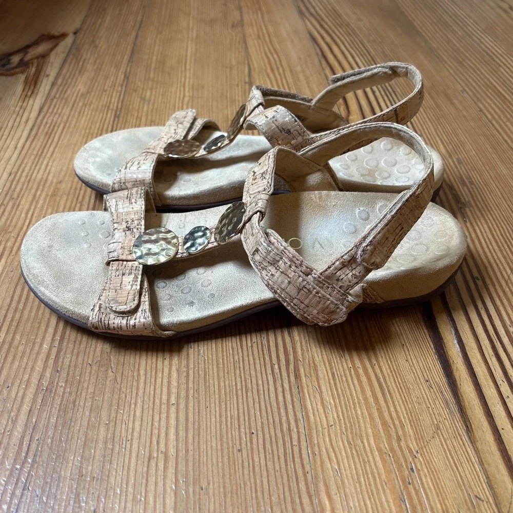 Vionic Farra Sandals Women Tan Cork Metallic Gold Strappy Boho SIZE 9.5
